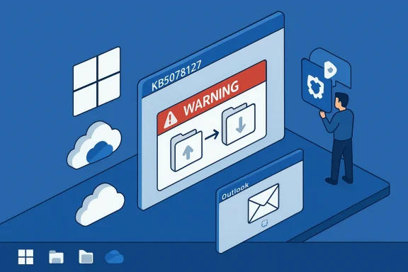Blue isometric illustration of a Windows-style warning screen amid cloud icons and a standing figure.