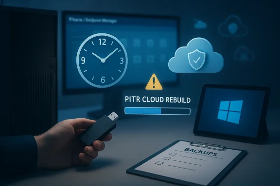 A hand holds a USB drive as PITR Cloud Rebuild progresses with backups in view.