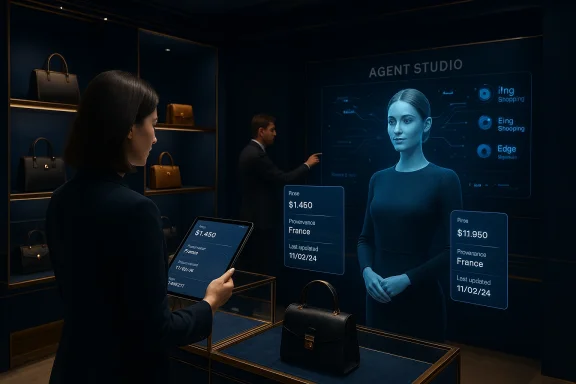 A customer uses a tablet to interact with a holographic boutique assistant in a luxury store.