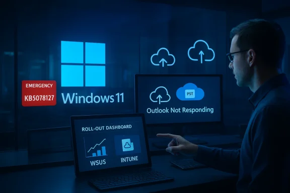IT professional monitors Windows 11 status and Outlook outage on cloud dashboards.