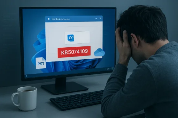 A man with his head in his hands watches a monitor showing a red KB5074109 error.