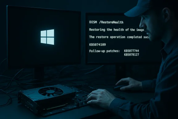 A technician in a dim setup repairs Windows using DISM, with a GPU on the desk.