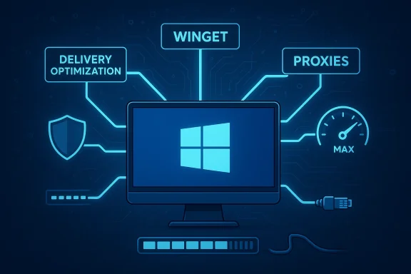 Neon Windows tech infographic showing Delivery Optimization, Winget, proxies, and max performance.