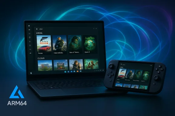 ARM64-powered laptop and handheld console display a game library on a neon blue backdrop.