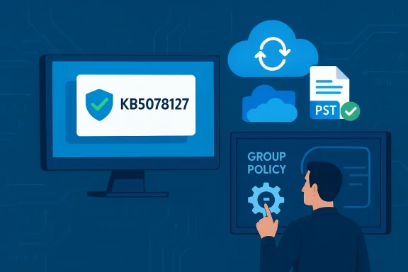 Tech illustration of a monitor showing KB5078127, cloud icons, and a person adjusting group policy.