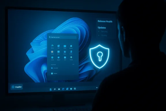 A person silhouetted against a blue-lit screen displays a Windows-like interface with a glowing shield icon.