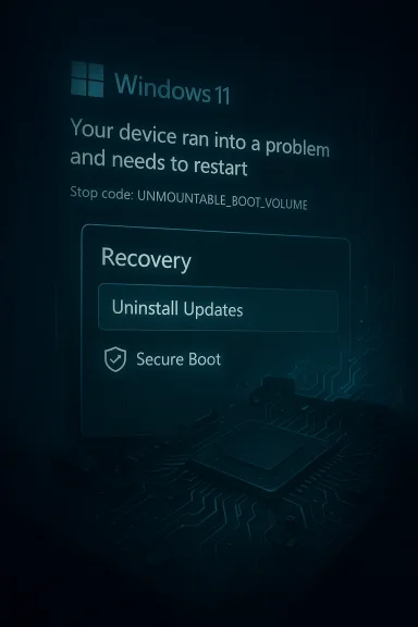 Windows 11 error screen: device needs to restart with recovery options. Windows 11 error screen: device needs to restart with recovery options.