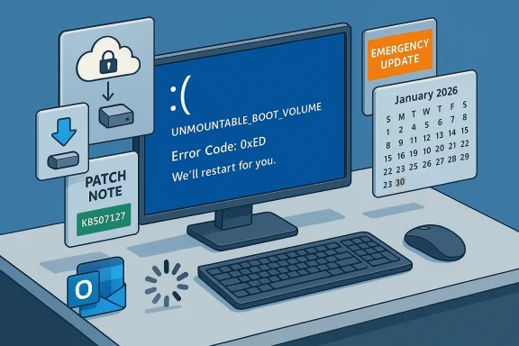 Blue screen of death: UNMOUNTABLE_BOOT_VOLUME error 0xED on a PC, with patch notes and calendar reminders.