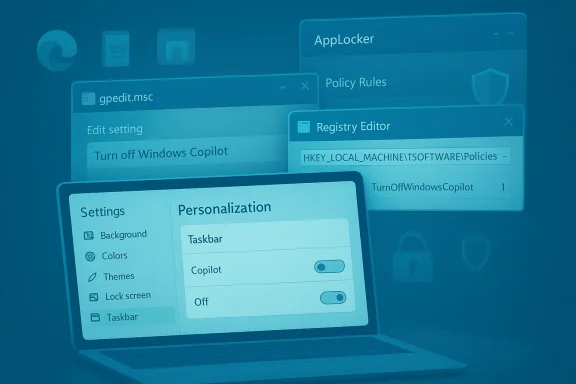 Overlaid Windows settings panels on a laptop, featuring Copilot, Registry Editor, and policy screens.
