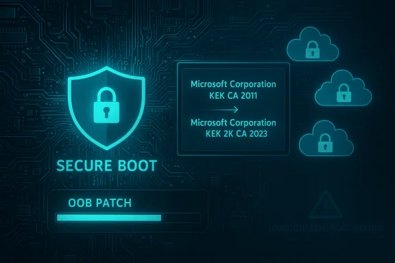 Secure Boot UI with shield icon, KEK CA updates, and OOB patch progress. Secure Boot UI with shield icon, KEK CA updates, and OOB patch progress.