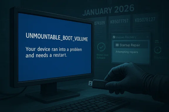 Blue screen of death showing UNMOUNTAIBLE_BOOT_VOLUME as a hand inserts a USB drive for recovery. Blue screen of death showing UNMOUNTAIBLE_BOOT_VOLUME as a hand inserts a USB drive for recovery.