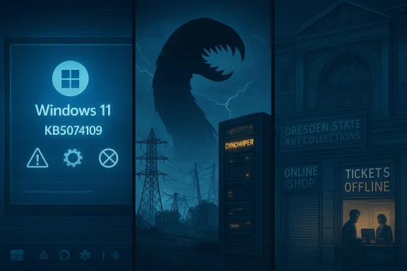 A moody collage featuring Windows 11, a giant monster silhouette, a Dynowiper server, and a Dresden art shop.
