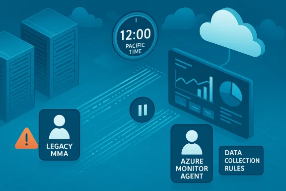 Blue cloud-based data center featuring servers, dashboards, and the Azure Monitor Agent.