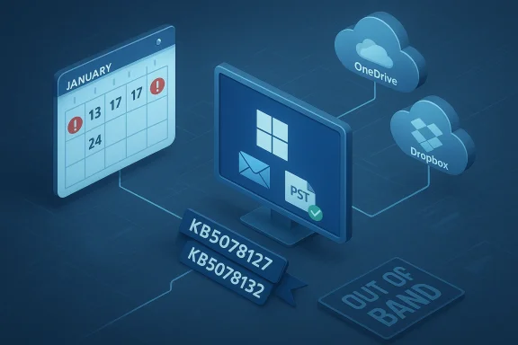 Blue isometric scene showing cloud storage (OneDrive/Dropbox) backing PST/email on a PC with calendar alerts.