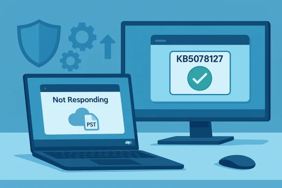Blue-toned desk setup: laptop shows 'Not Responding' while the monitor shows KB5078127 with a green check.