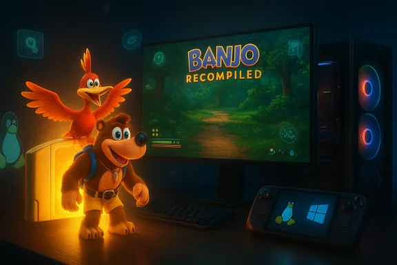 Banjo and Kazooie stand beside a glowing PC as the screen reads 'BANJO RECOMPILED'.