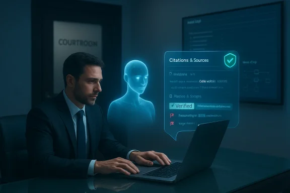 Lawyer in a courtroom watches a blue holographic Citations & Sources panel beside an AI figure. Lawyer in a courtroom watches a blue holographic Citations & Sources panel beside an AI figure.
