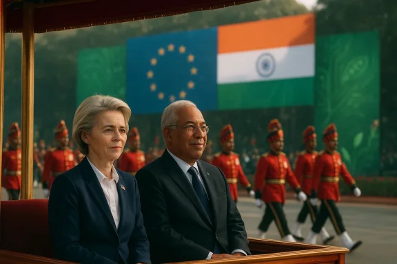 Two dignitaries sit in a ceremonial carriage as soldiers march past, with EU and Indian flags in the background.