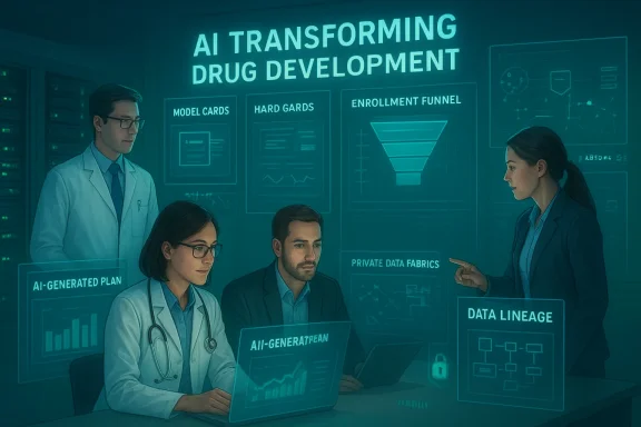 A team of scientists and analysts collaborates on AI-driven drug development using holographic dashboards.