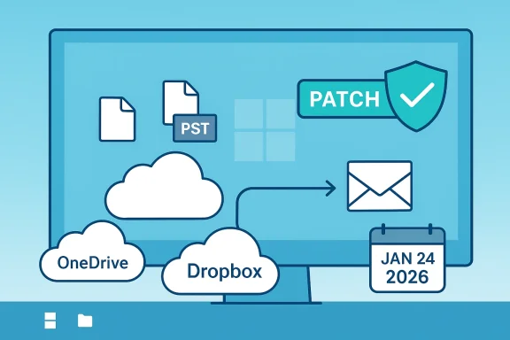 Illustration of cloud storage (OneDrive, Dropbox) with PST files, patch shield, email, and calendar.