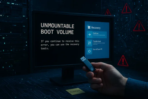 Person holds a USB drive in front of a monitor displaying UNMOUNTABLE BOOT VOLUME recovery screen.
