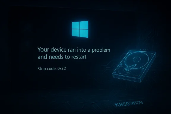 Blue Windows error screen on a dark circuitry background with a hard-drive illustration.