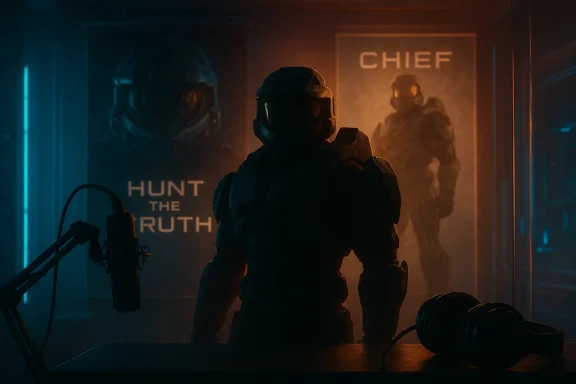 Armored figure in a dimly lit studio with posters reading 'Hunt the Truth' and 'Chief'. Armored figure in a dimly lit studio with posters reading 'Hunt the Truth' and 'Chief'.