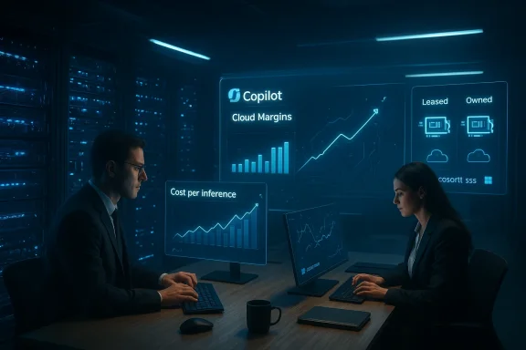 Two analysts in a data center analyze cloud margins and costs on holographic screens.