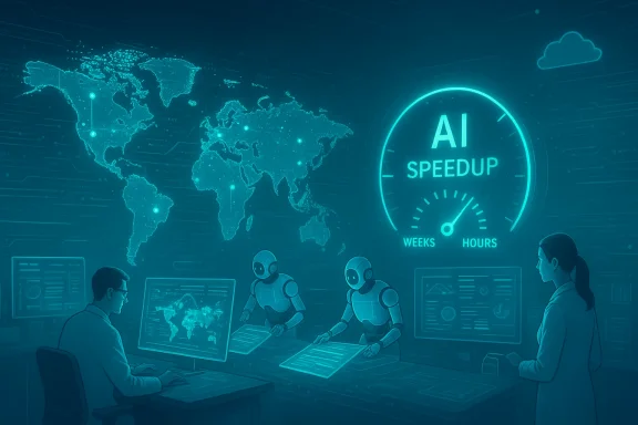 A futuristic control room with a world map, an AI speed gauge, and scientists guiding robotic operators.