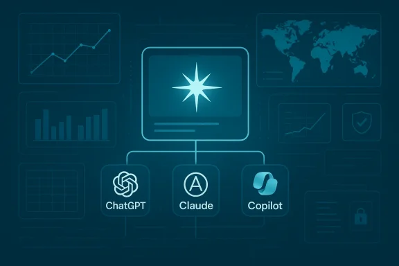Central hub connects ChatGPT, Claude, and Copilot in an AI network. Central hub connects ChatGPT, Claude, and Copilot in an AI network.