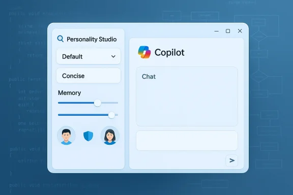 A sleek UI window featuring a Personality Studio panel beside a Copilot chat area with avatars and sliders.