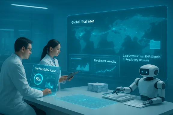 Researchers and a robot analyze global trial data on holographic screens.