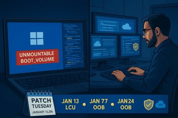 Tech worker monitors multiple screens as Windows displays UNMOUNTABLE_BOOT_VOLUME error during patch Tuesday.