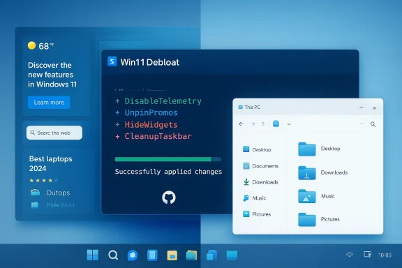 Windows 11 desktop with a debloat script window, a File Explorer pane, and left-side widgets.