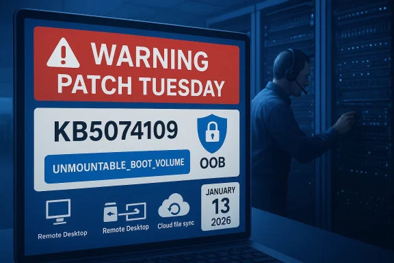 Server room scene with a laptop displaying a Warning Patch Tuesday and an unmountable boot volume message.