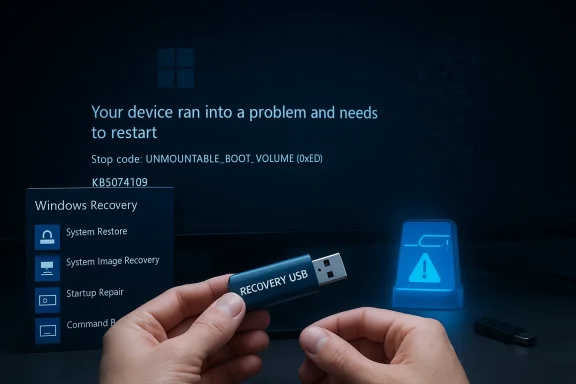 Hands insert a recovery USB as Windows Recovery prompts fix a boot error.