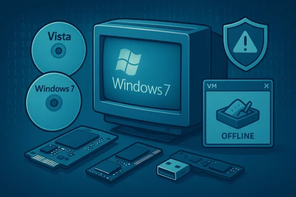Tech illustration of Windows 7 PC with Vista and Windows 7 discs, offline VM, and a security shield.