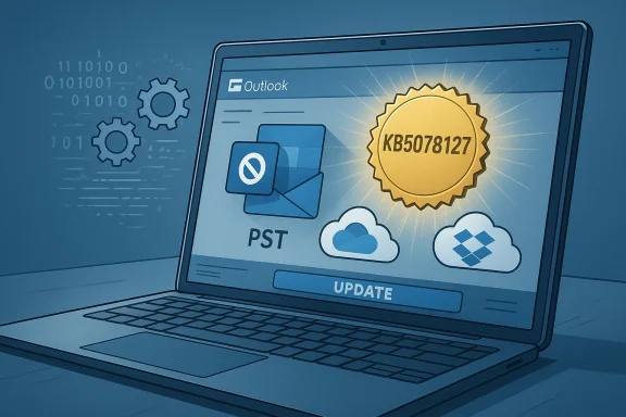 Laptop screen shows an Outlook PST update with a gold KB5078127 seal and cloud icons.
