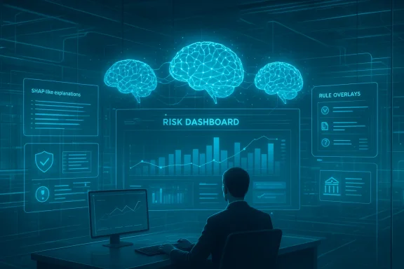 A person at a desk monitors a futuristic risk dashboard with holographic brain graphics.