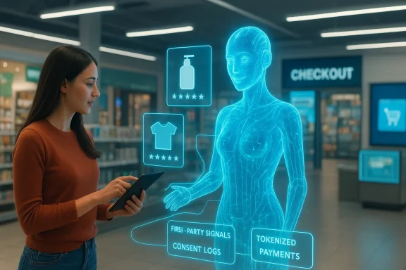 A woman uses a tablet to interact with a holographic blue AI shopping assistant in a store.