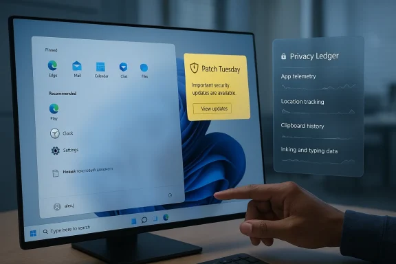 Hand points at a Windows desktop showing a Patch Tuesday notification and a Privacy Ledger panel.