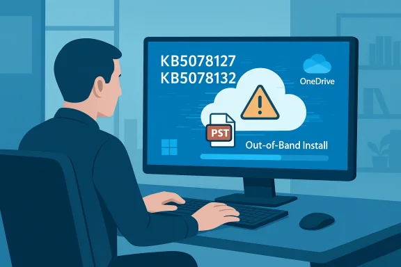 A person at a desk sees a OneDrive warning: Out-of-Band Install with a PST icon.