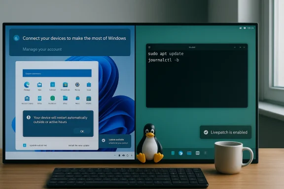 Desktop setup with Windows 11 on the left, a Linux terminal on the right, and a penguin figurine on the desk.