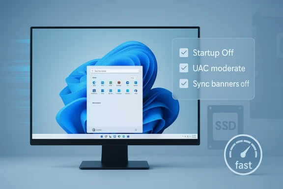 A computer monitor displays Windows with a startup optimization checklist and a “fast” performance gauge.
