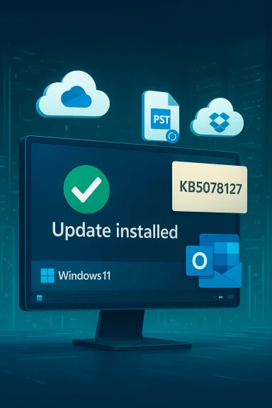 Monitor displays 'Update installed' for Windows 11, with cloud icons above.