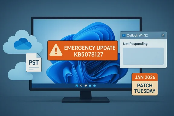 Monitor shows emergency update KB5078127 with Patch Tuesday and Outlook Not Responding alert. Monitor shows emergency update KB5078127 with Patch Tuesday and Outlook Not Responding alert.
