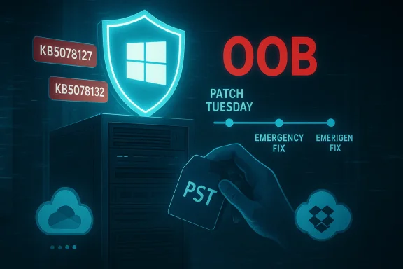 Neon-blue server scene with a security shield, Patch Tuesday cues, and cloud icons.