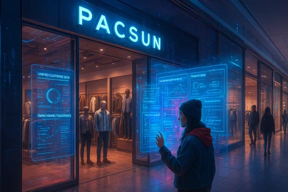 A person in a beanie studies glowing blue holographic displays outside PacSun.