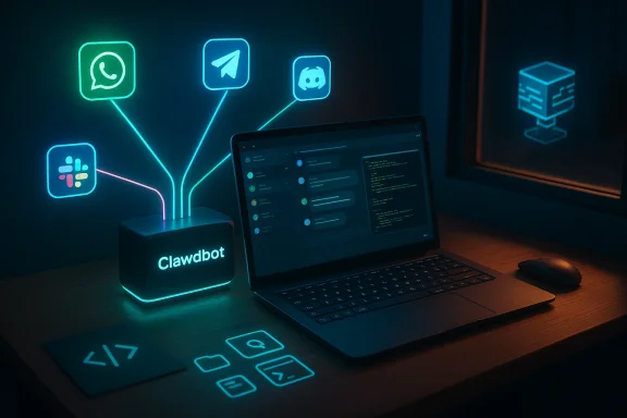 Neon-lit desk with a Clawdbot hub linking Slack, WhatsApp, Telegram, and Discord to a code-filled laptop.