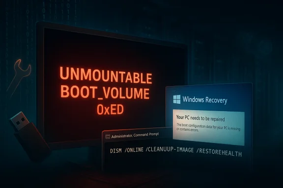 A dark screen shows UNMOUNTABLE_BOOT_VOLUME 0xED with Windows Recovery prompts nearby.